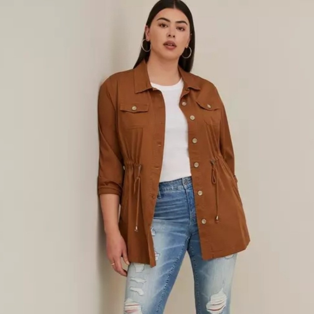 Torrid Women Twill Long Line Shacket Adjustable Drawstring Waist Cognac Brown 4X